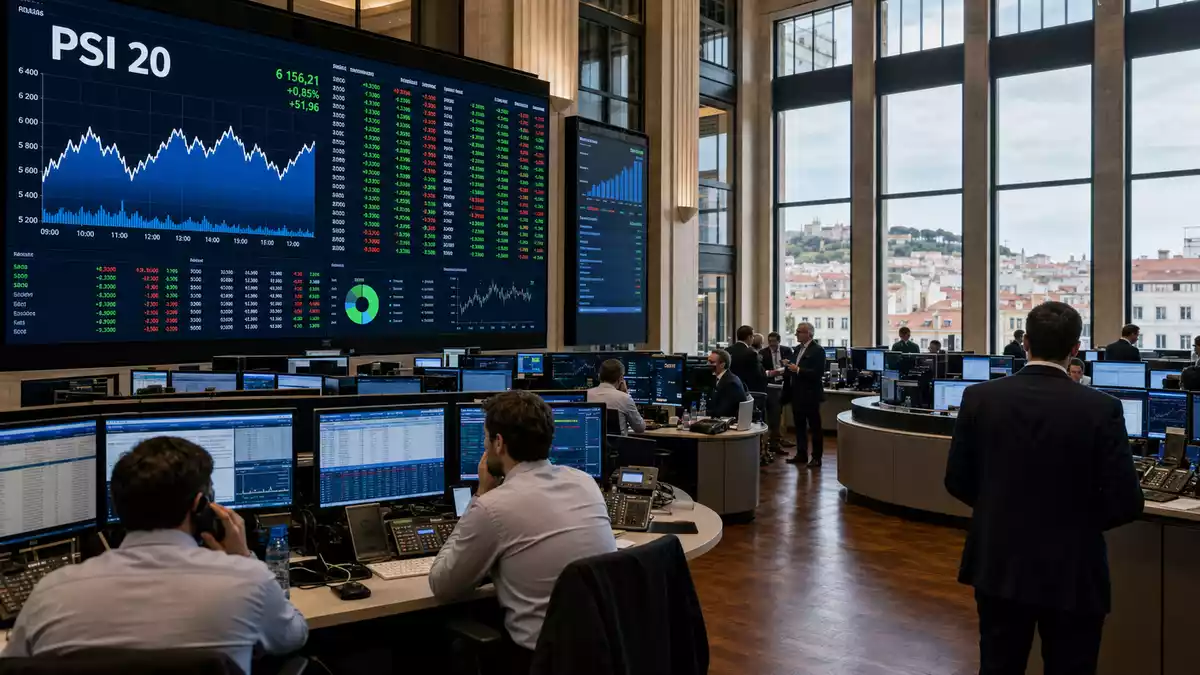 Börsenhandelssaal mit Bildschirmen, die den PSI 20 Index und Finanzcharts anzeigen