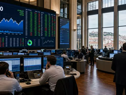 Jerónimo Martins SGPS SA (PTJMT0AE0001) ist im PSI 20 gelistet, symbolisiert durch einen belebten Börsenhandelssaal - Foto: THN