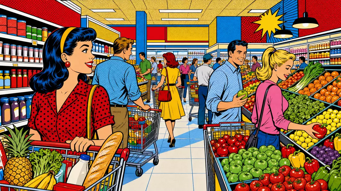 Pop-Art-Comic-Illustration einer belebten Supermarktszene mit Kunden und Einkaufswagen