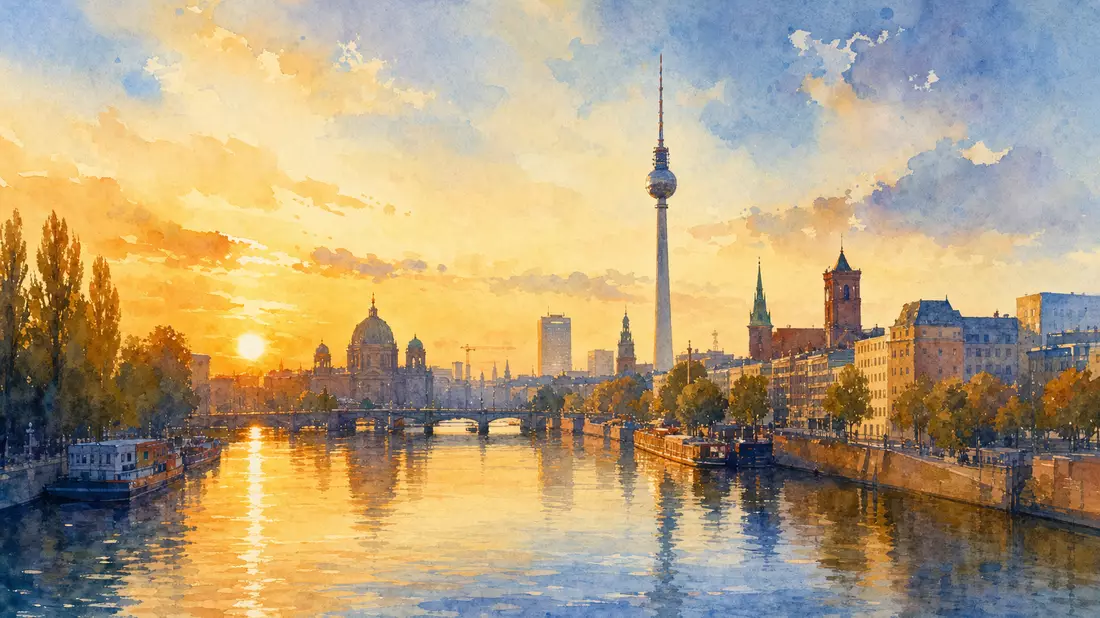 Aquarellmalerei der Berliner Skyline mit Fernsehturm und Spree im Sonnenuntergang