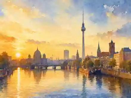 Medios AG (DE000A1MMCC8) hat ihren Firmensitz in Berlin, dargestellt als stimmungsvolles Aquarellbild der Skyline - Foto: THN