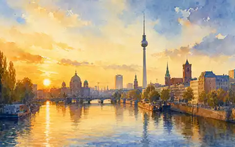 Medios AG (DE000A1MMCC8) hat ihren Firmensitz in Berlin, dargestellt als stimmungsvolles Aquarellbild der Skyline - Foto: THN