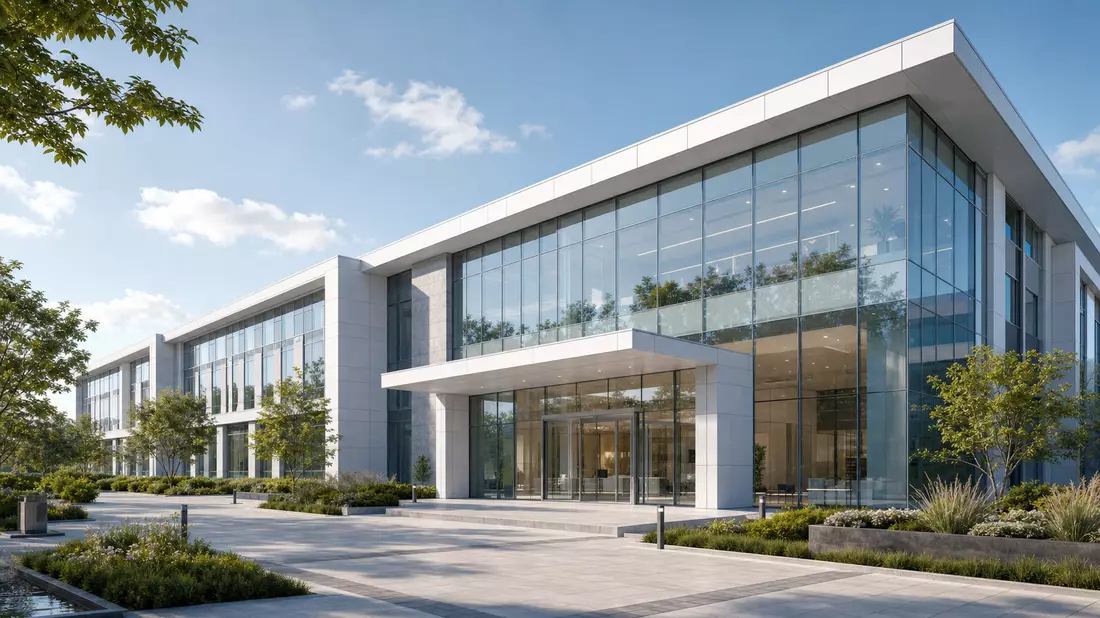 Architektur-Rendering eines modernen Glas- und Weißpaneel-Firmengebäudes mit Grünanlage