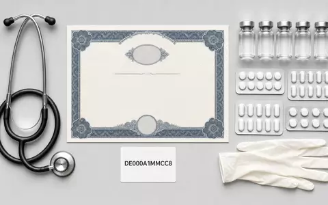 Medios AG (DE000A1MMCC8) wird als Flatlay mit Aktienzertifikat, ISIN-Karte und pharmazeutischen Utensilien inszeniert - Foto: THN