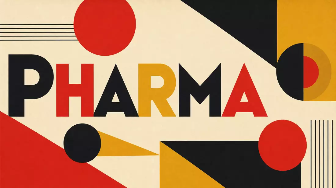 Bauhaus-Poster mit geometrischen Formen und großem Schriftzug PHARMA in Rot, Schwarz und Gelb