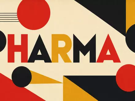 Medios AG (DE000A1MMCC8) wird als geometrisches Bauhaus-Poster mit dem Sektor-Schriftzug PHARMA visualisiert - Foto: THN