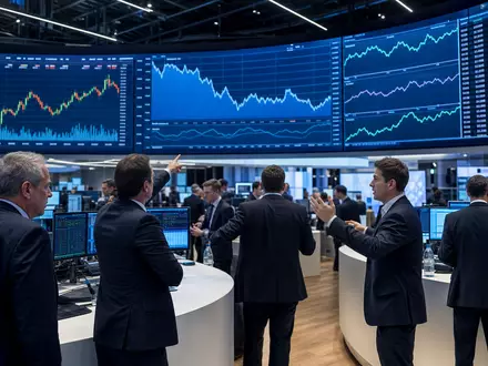 Medios AG (DE000A1MMCC8) notiert in Frankfurt, dargestellt im Editorial-Stil eines belebten Börsenparketts mit Charts - Foto: THN