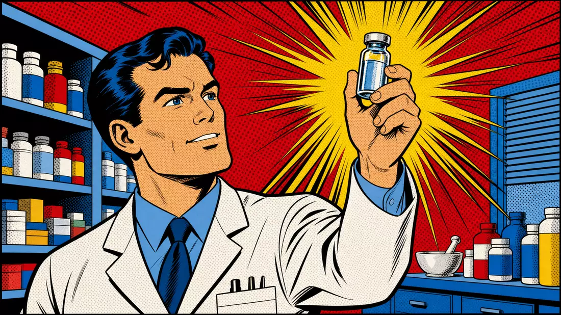Pop-Art-Comic eines Pharmazeuten, der triumphierend ein Glasfläschchen in die Höhe hält