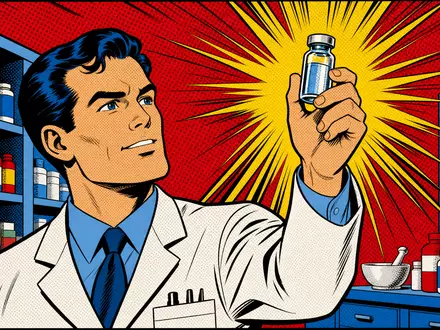 Medios AG (DE000A1MMCC8) wird als farbenfrohe Pop-Art-Comicszene mit stolzem Pharmazeuten und Medikamentenfläschchen dargestellt - Foto: THN