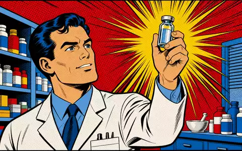 Medios AG (DE000A1MMCC8) wird als farbenfrohe Pop-Art-Comicszene mit stolzem Pharmazeuten und Medikamentenfläschchen dargestellt - Foto: THN