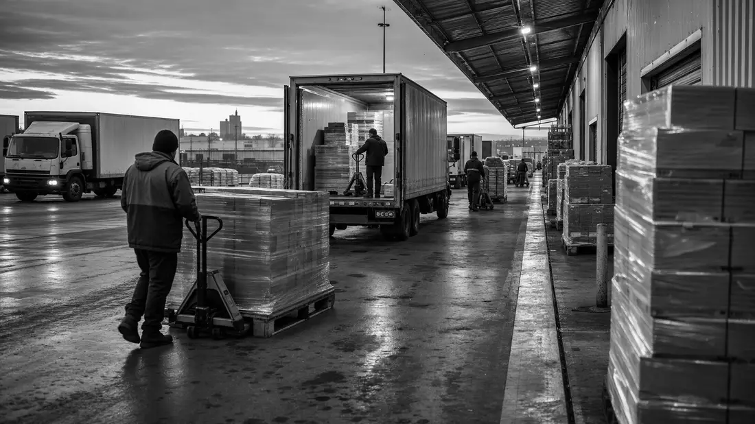 Schwarzweiß-Reportagefoto einer Lkw-Verladung am Warenverteilzentrum