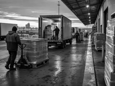 Metro AG DE000BFB0019 dokumentiert in Schwarzweiß-Reportage eine nächtliche Lkw-Verladung am großen Logistik-Terminal - Foto: THN
