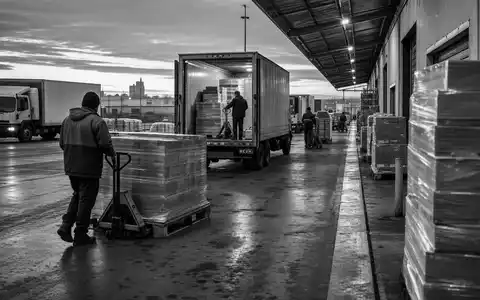 Metro AG DE000BFB0019 dokumentiert in Schwarzweiß-Reportage eine nächtliche Lkw-Verladung am großen Logistik-Terminal - Foto: THN