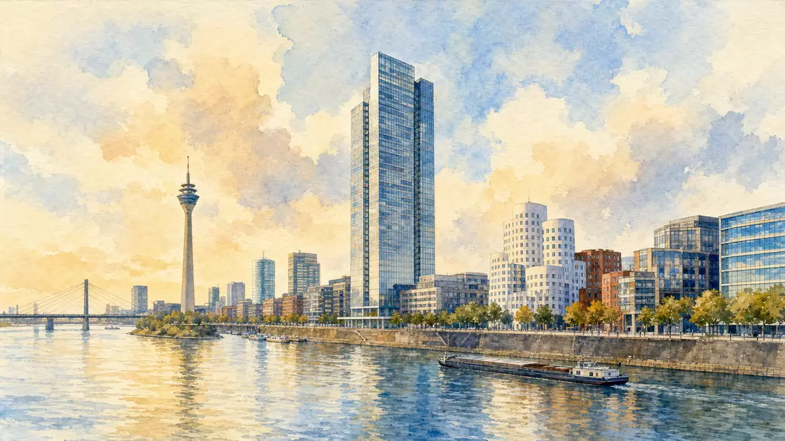 Aquarellbild einer Rheinuferstadt mit modernem Bürohochhaus