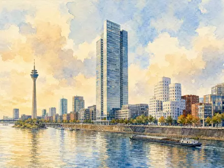 Metro AG DE000BFB0019 präsentiert eine Aquarellmalerei der Düsseldorfer Skyline mit Bürohochhaus direkt am Rheinufer - Foto: THN