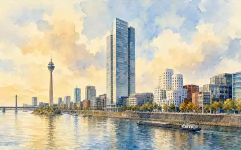 Metro AG DE000BFB0019 präsentiert eine Aquarellmalerei der Düsseldorfer Skyline mit Bürohochhaus direkt am Rheinufer - Foto: THN