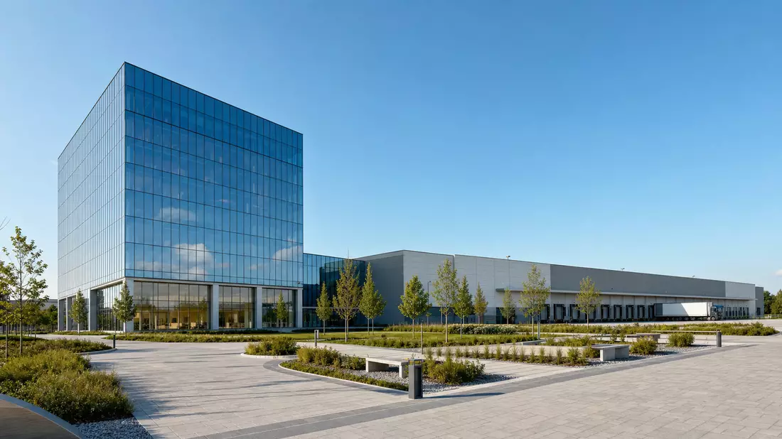 Architektur-Render eines Bürohochhauses neben modernem Verteilzentrum