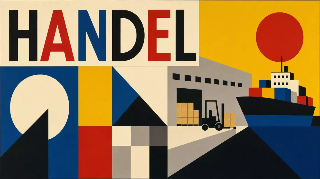 Geometrisches Bauhaus-Poster mit dem Wort HANDEL und Lagerhausmotiv
