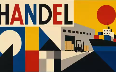 Metro AG DE000BFB0019 gestaltet ein geometrisches Bauhaus-Poster mit dem Schriftzug HANDEL und Lagerhaus-Symbolik - Foto: THN