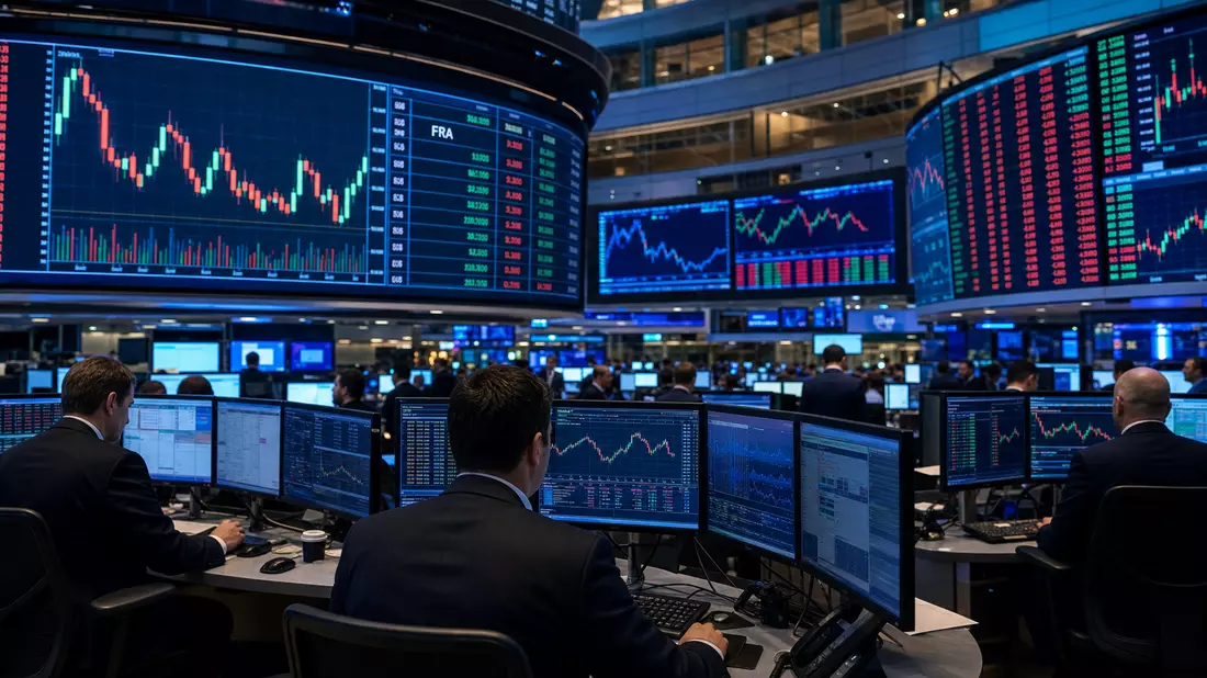 Editorial-Foto eines Trading-Floors mit Bildschirmen und Aktiencharts