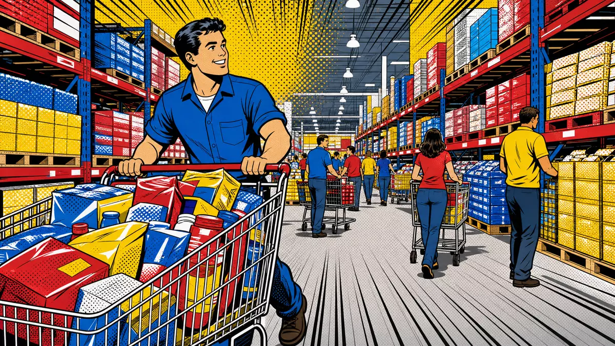 Pop-Art-Comic-Szene mit Einkaufswagen im farbenfrohen Großhandelslager