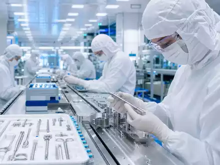 Medtronic plc (ISIN IE00BTN1Y115) Reinraum-Fertigung zeigt Techniker bei der Montage medizinischer Präzisionsinstrumente sorgfältig - Foto: THN