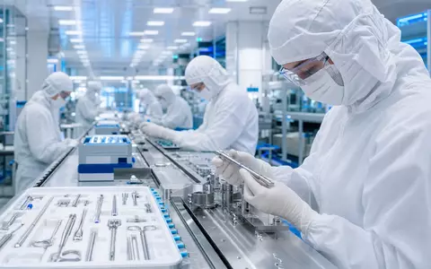 Medtronic plc (ISIN IE00BTN1Y115) Reinraum-Fertigung zeigt Techniker bei der Montage medizinischer Präzisionsinstrumente sorgfältig - Foto: THN