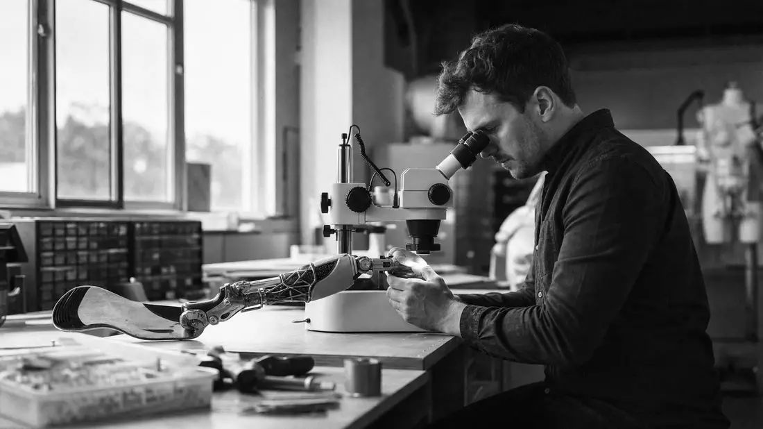 Schwarzweiß-Dokumentarfoto eines Ingenieurs bei der Prüfung eines Prothesenprototyps