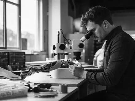 Medtronic plc (ISIN IE00BTN1Y115) Schwarzweiß-Reportage dokumentiert Ingenieur bei Prüfung eines Prothesen-Prototyps im Labor - Foto: THN