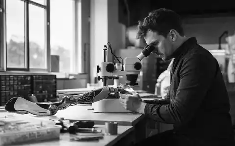 Medtronic plc (ISIN IE00BTN1Y115) Schwarzweiß-Reportage dokumentiert Ingenieur bei Prüfung eines Prothesen-Prototyps im Labor - Foto: THN