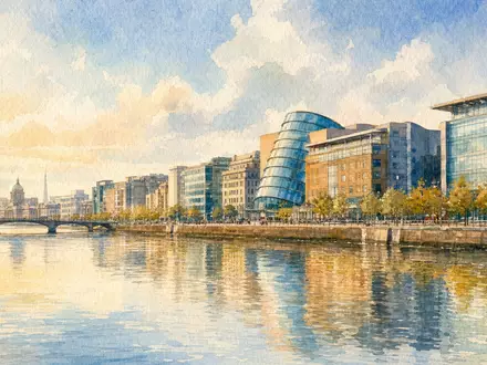 Medtronic plc (ISIN IE00BTN1Y115) Aquarellbild zeigt die Skyline von Dublin entlang des Flusses Liffey stimmungsvoll - Foto: THN