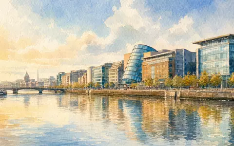 Medtronic plc (ISIN IE00BTN1Y115) Aquarellbild zeigt die Skyline von Dublin entlang des Flusses Liffey stimmungsvoll - Foto: THN