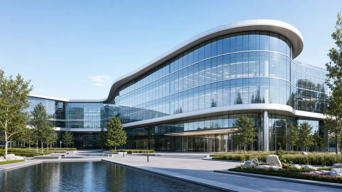 Architekturrender eines modernen Glas-Bürogebäudes mit Teich und Landschaftsgestaltung