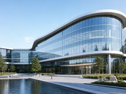 Medtronic plc (ISIN IE00BTN1Y115) Architektur-Render eines modernen Glas-Hauptsitzes mit Teich und Grünanlage - Foto: THN