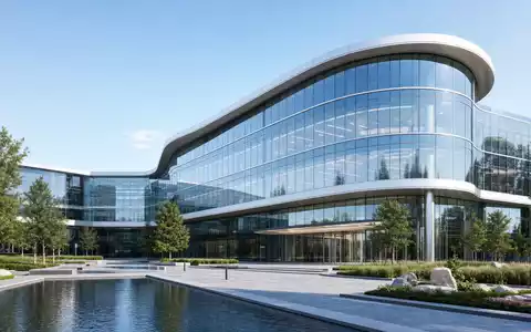 Medtronic plc (ISIN IE00BTN1Y115) Architektur-Render eines modernen Glas-Hauptsitzes mit Teich und Grünanlage - Foto: THN