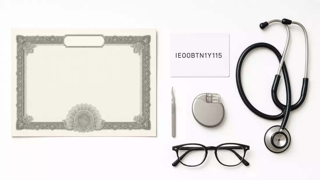 Flatlay mit Aktienzertifikat, ISIN-Karte, Stethoskop und medizinischen Utensilien