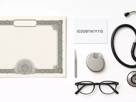 Medtronic plc (ISIN IE00BTN1Y115) Flatlay kombiniert Aktienzertifikat, ISIN-Karte, Stethoskop und medizinische Utensilien - Foto: THN