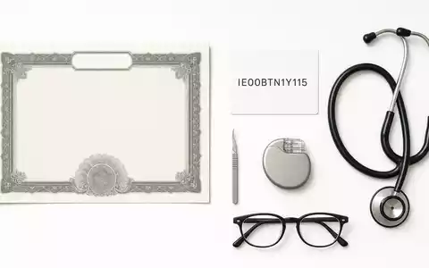 Medtronic plc (ISIN IE00BTN1Y115) Flatlay kombiniert Aktienzertifikat, ISIN-Karte, Stethoskop und medizinische Utensilien - Foto: THN