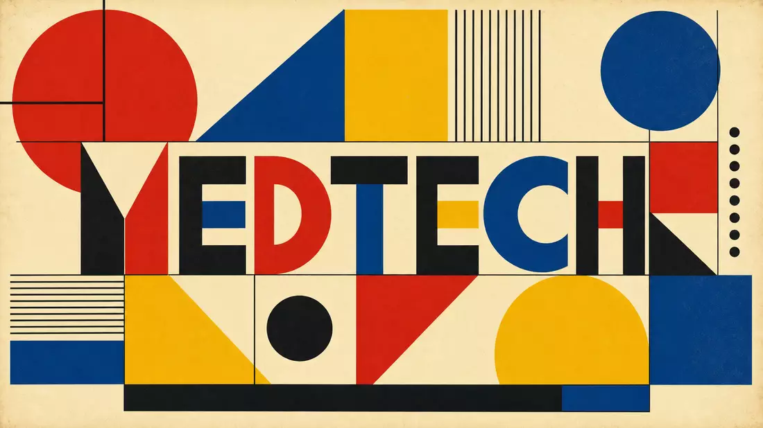 Geometrisches Bauhaus-Poster mit bunten Formen und dem Schriftzug MEDTECH