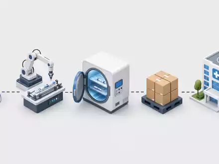 Medtronic plc (ISIN IE00BTN1Y115) isometrische Grafik visualisiert Wertschöpfungskette von Rohstoff bis Krankenhaus schematisch - Foto: THN