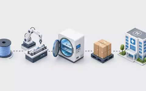 Medtronic plc (ISIN IE00BTN1Y115) isometrische Grafik visualisiert Wertschöpfungskette von Rohstoff bis Krankenhaus schematisch - Foto: THN