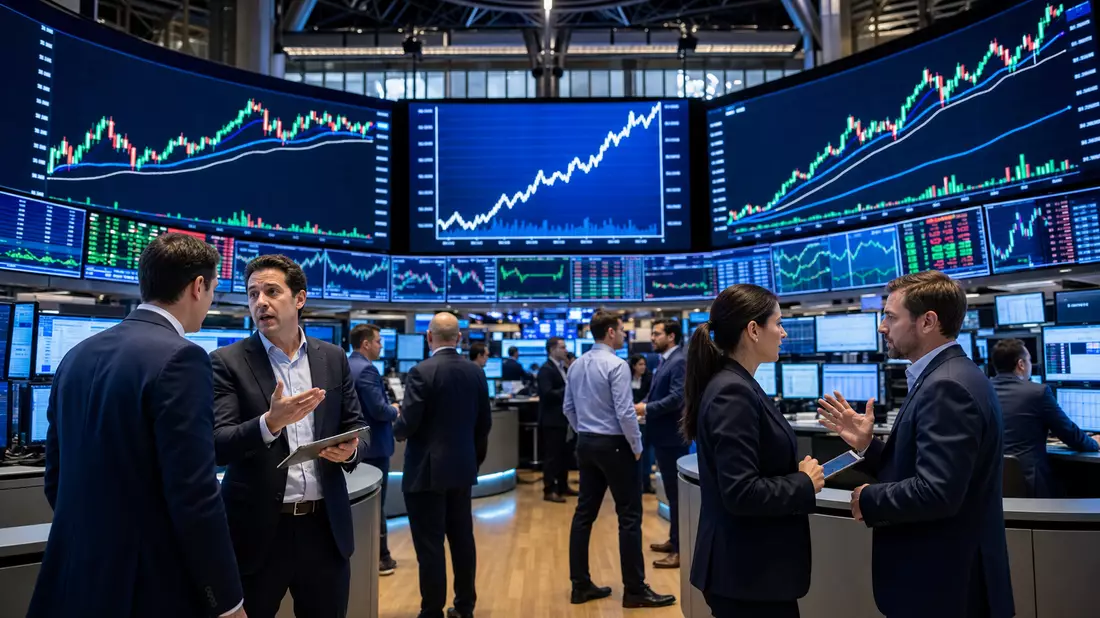 Editorialfoto eines Trading-Floors mit Händlern und Kursdiagrammen im Hintergrund