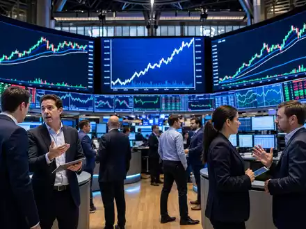 Medtronic plc (ISIN IE00BTN1Y115) Börsen-Editorial zeigt Trading-Floor der NYSE mit Kursdiagrammen im Hintergrund lebhaft - Foto: THN