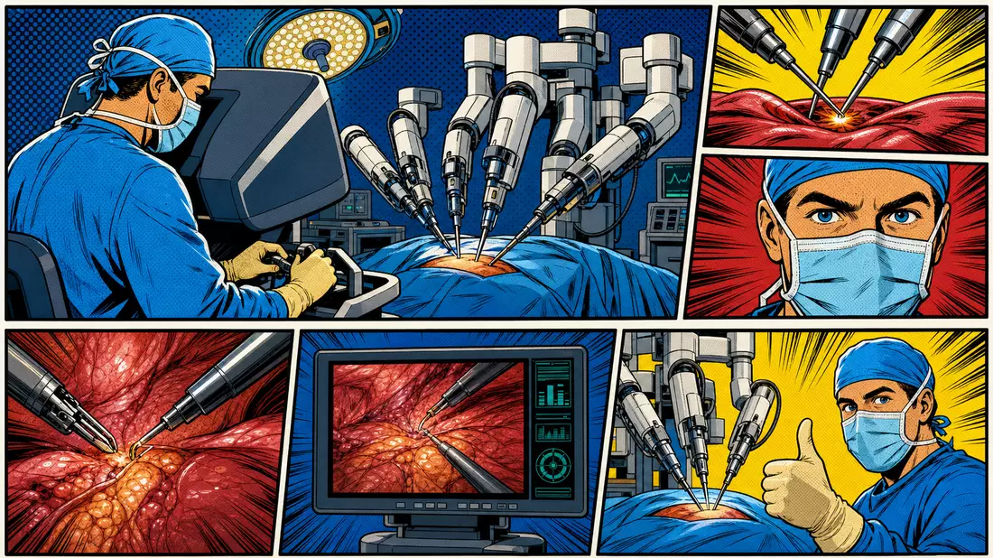 Pop-Art-Comic eines Chirurgen bei robotergestützter Operation in kräftigen Farben