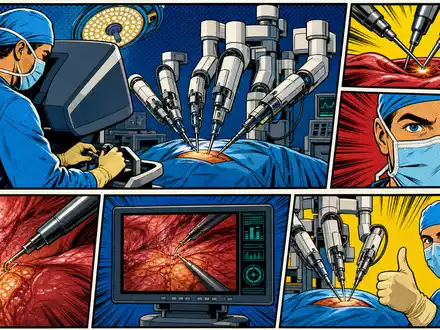 Medtronic plc (ISIN IE00BTN1Y115) Pop-Art-Comic zeigt Chirurg bei robotergestützter Operation mit kräftigen Farben - Foto: THN