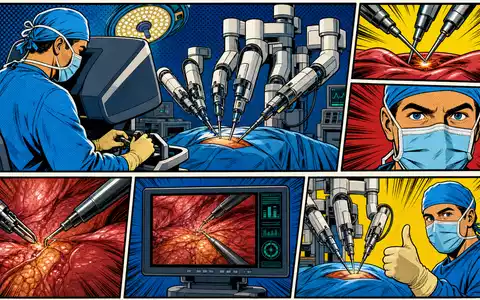 Medtronic plc (ISIN IE00BTN1Y115) Pop-Art-Comic zeigt Chirurg bei robotergestützter Operation mit kräftigen Farben - Foto: THN