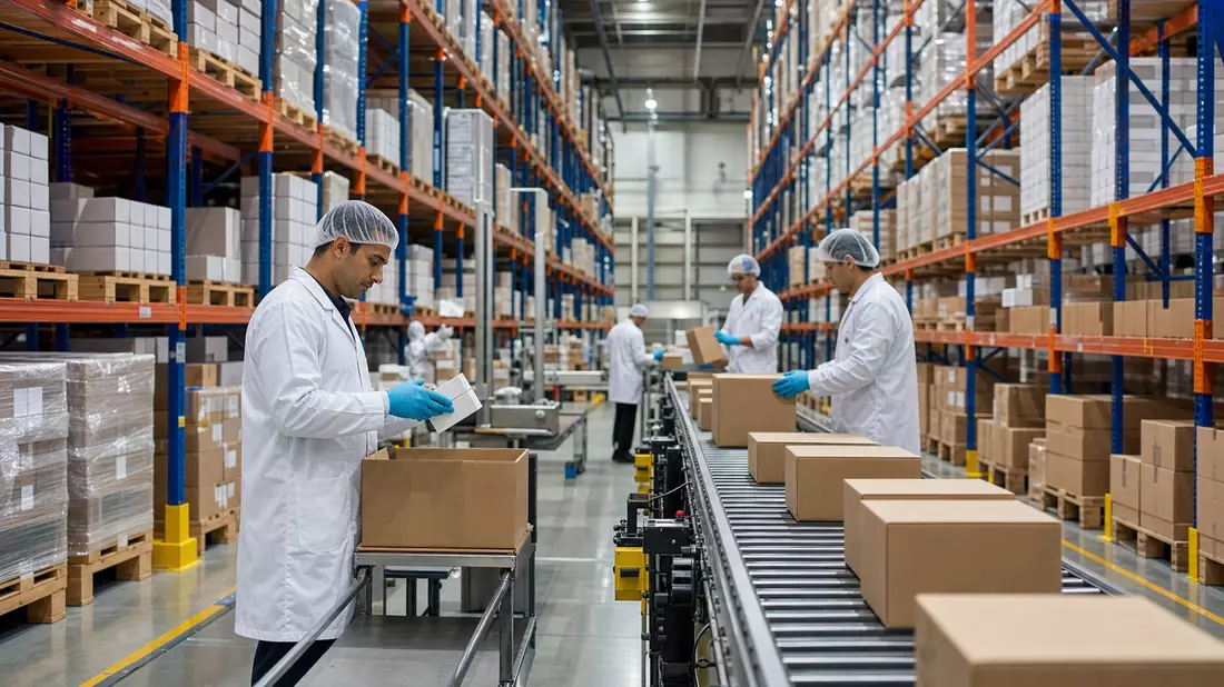 Mitarbeiter sortieren unbeschriftete Pakete in einem großen Pharma-Logistiklager mit Regalen