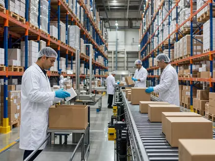 Fotorealistisches Bild zeigt McKesson Corporation ISIN US58155Q1031 als Pharmagroßhändler in modernem Distributionslager mit vielen Mitarbeitern - Foto: THN