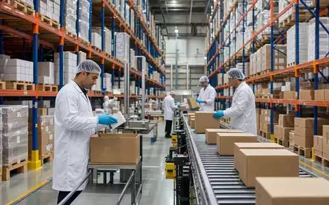 Fotorealistisches Bild zeigt McKesson Corporation ISIN US58155Q1031 als Pharmagroßhändler in modernem Distributionslager mit vielen Mitarbeitern - Foto: THN