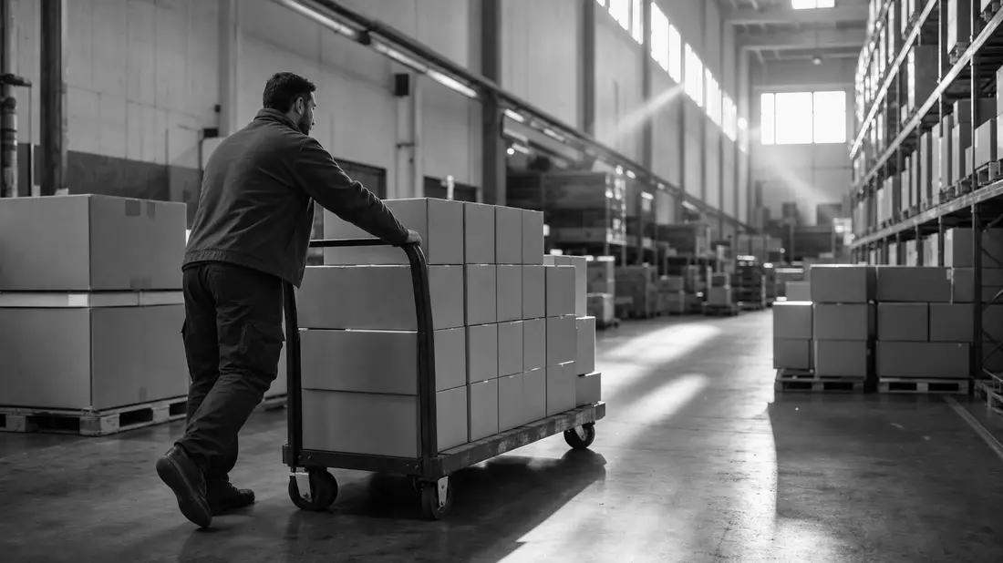 Schwarzweißfoto eines Lagerarbeiters mit Wagen voller Kartons in großer Lagerhalle